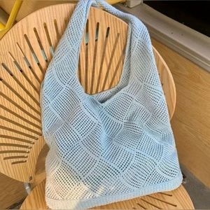 Light Blue Crochet Tote Bag - Lightweight Summer Shoulder Bag